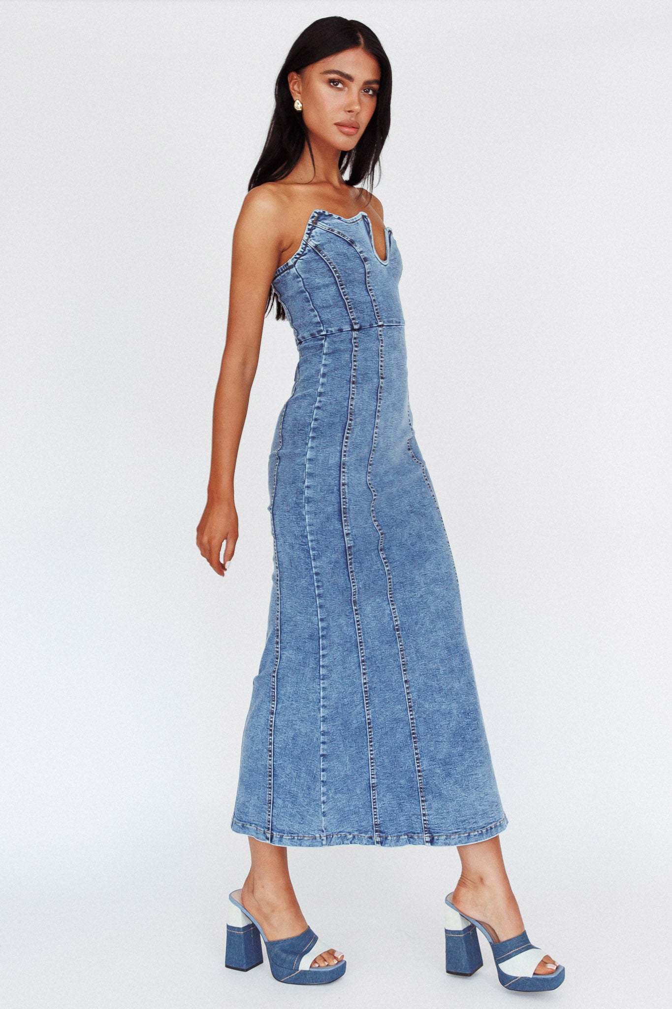 Horizon Strapless Wavy Neckline Midi Denim Blue by Selfie Leslie Australia