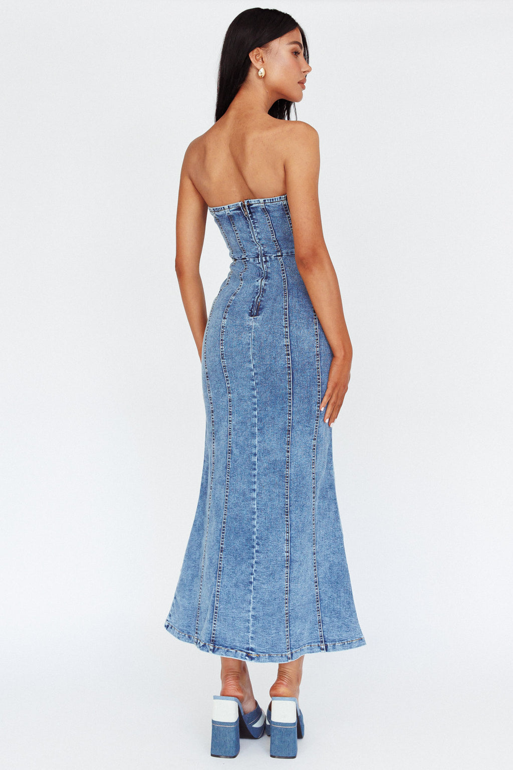 Horizon Strapless Wavy Neckline Midi Denim Blue by Selfie Leslie Australia
