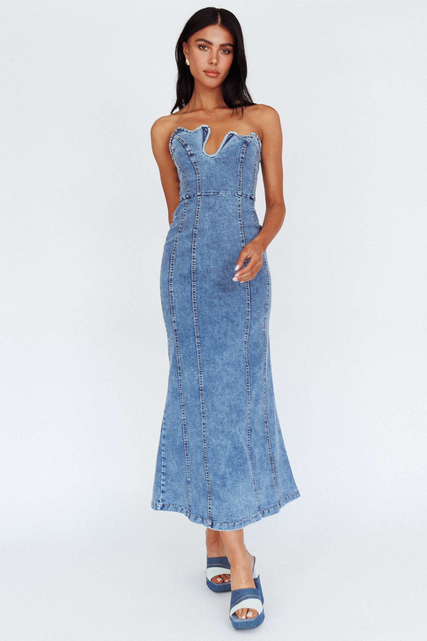 Horizon Strapless Wavy Neckline Midi Denim Blue by Selfie Leslie Australia