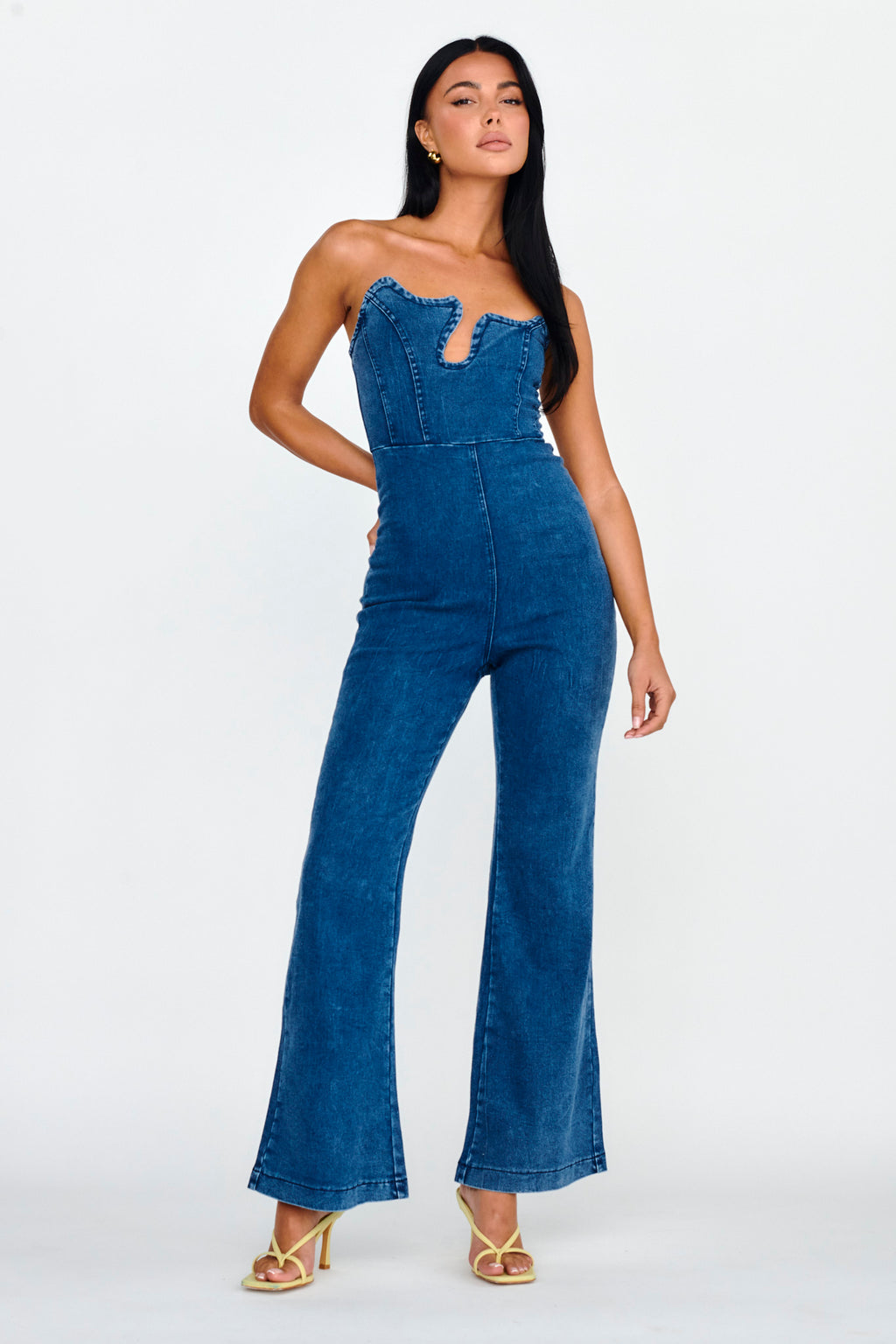 Horizon Strapless Wavy Neckline Jumpsuit Denim by Selfie Leslie Australia