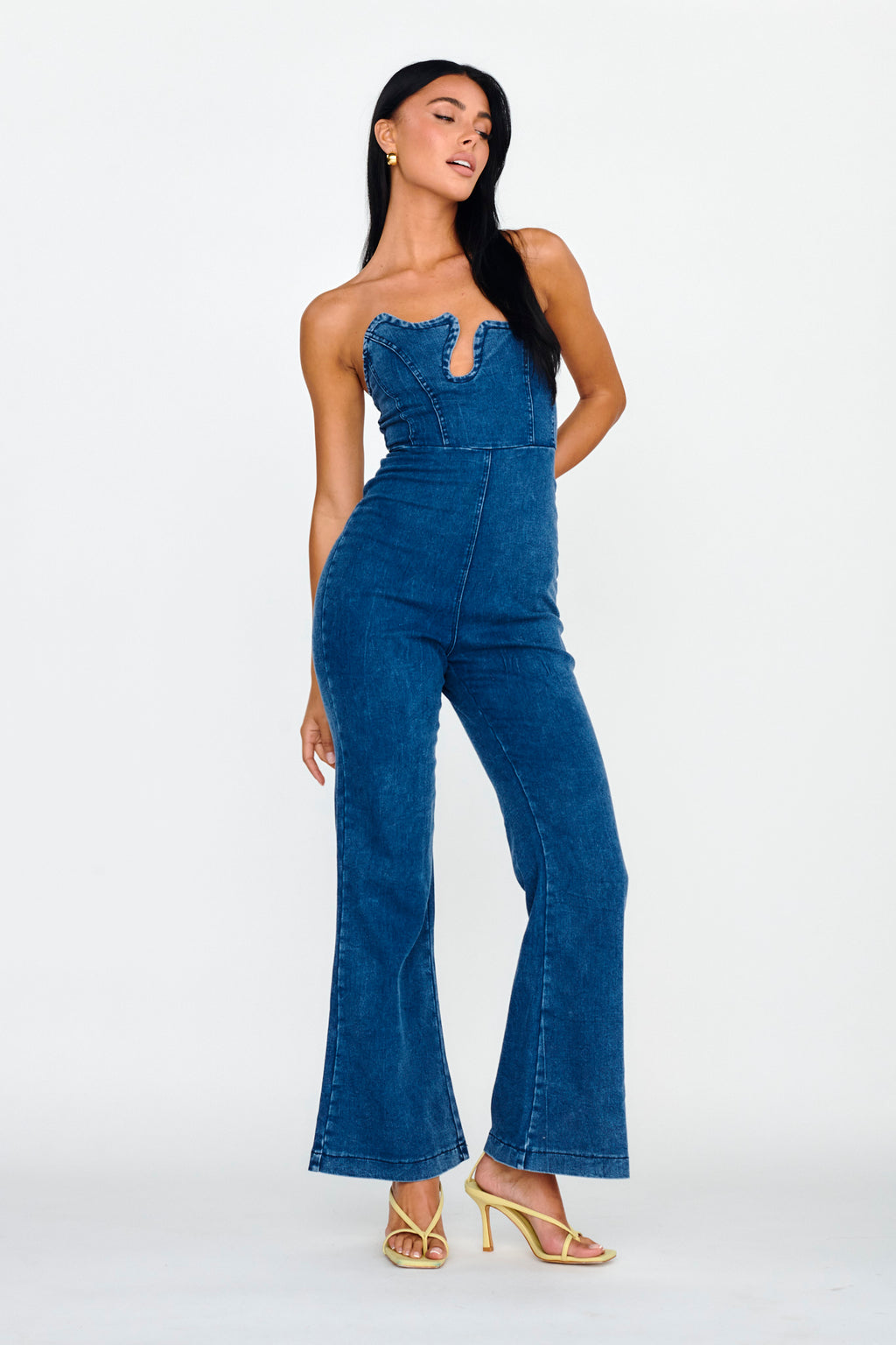 Horizon Strapless Wavy Neckline Jumpsuit Denim by Selfie Leslie Australia