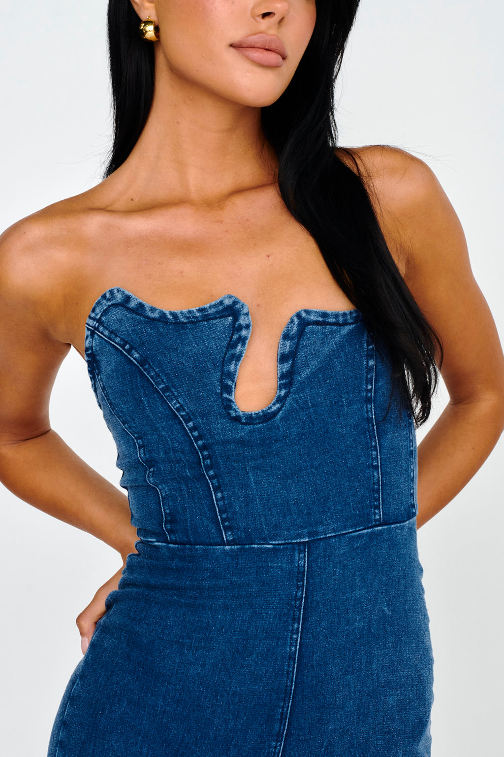 Horizon Strapless Wavy Neckline Jumpsuit Denim by Selfie Leslie Australia