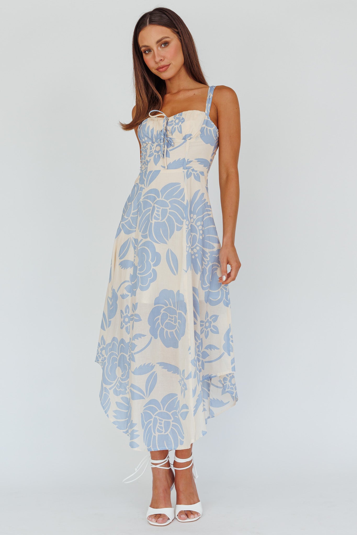 Euro Summer Asymmetrical Hem Midi Dress Floral Beige by Selfie Leslie Australia