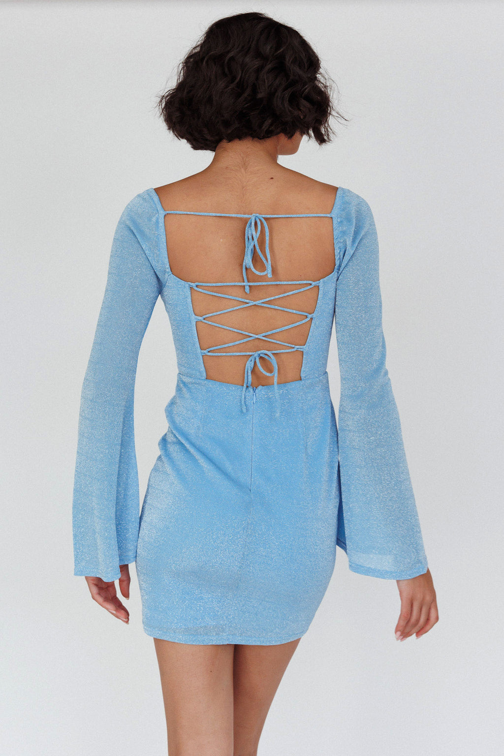 Dreaming Of Rome Laced Back Mini Dress Sparkle Blue by Selfie Leslie Australia