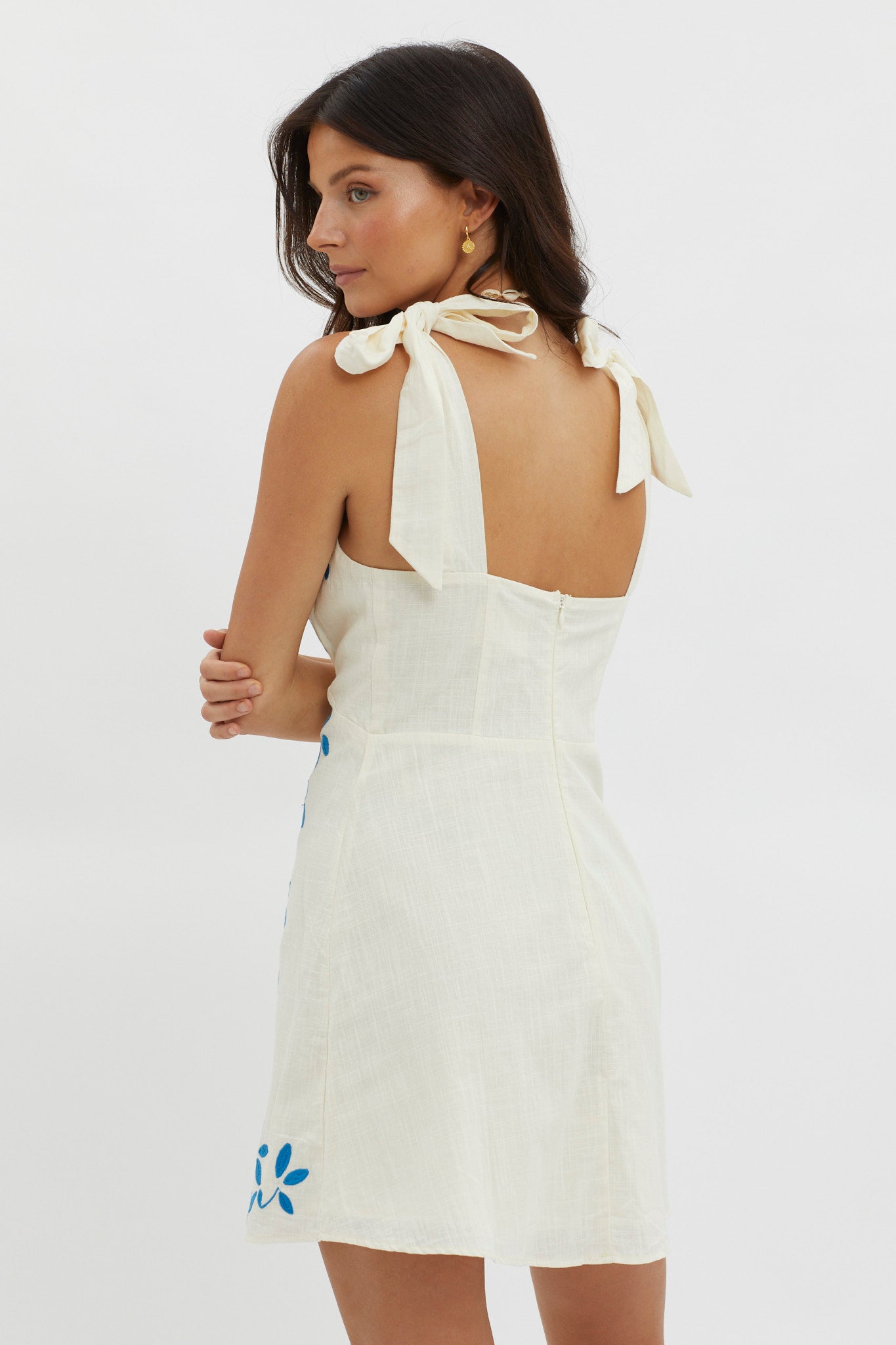 Mykonos Morning Tied Shoulder Mini Dress Beige by Selfie Leslie Australia