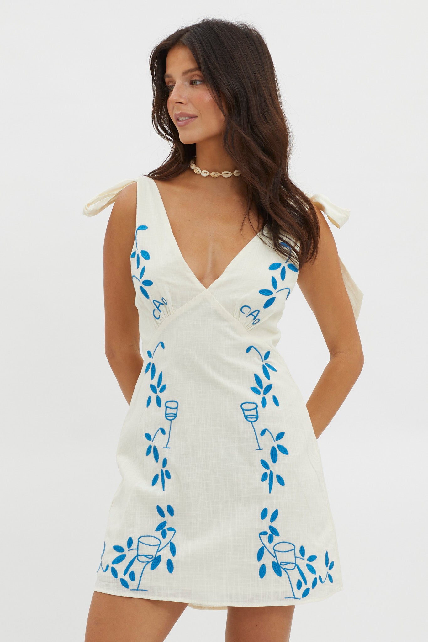 Mykonos Morning Tied Shoulder Mini Dress Beige by Selfie Leslie Australia