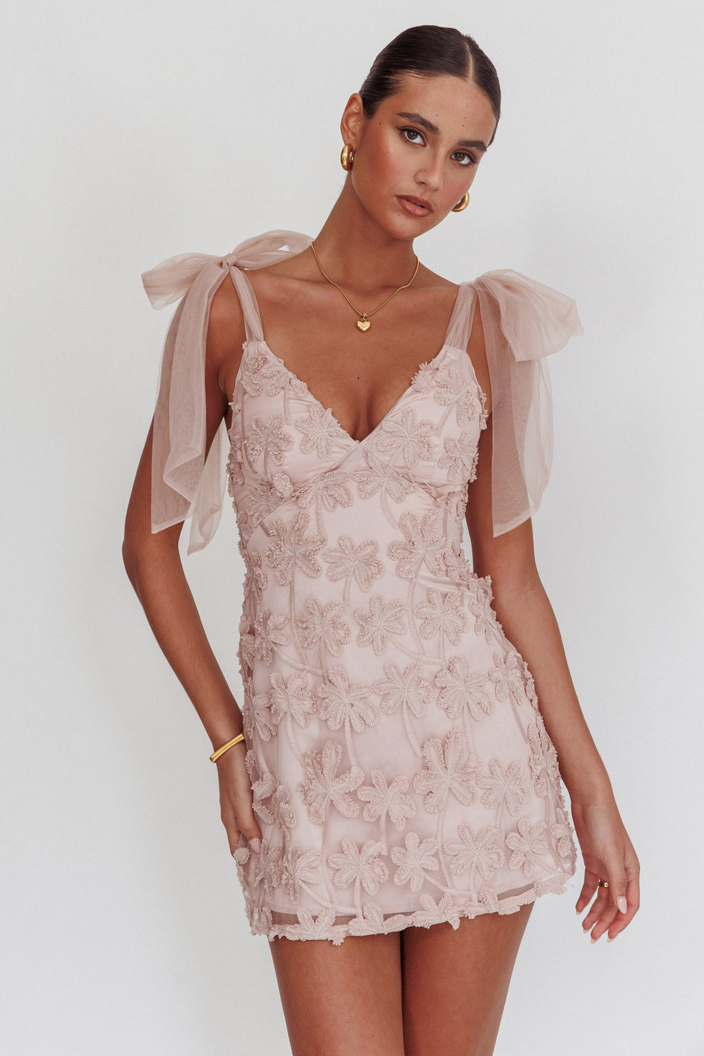 Mykonos Morning Tied Shoulder Embellished Mini Dress Blush by Selfie Leslie Australia