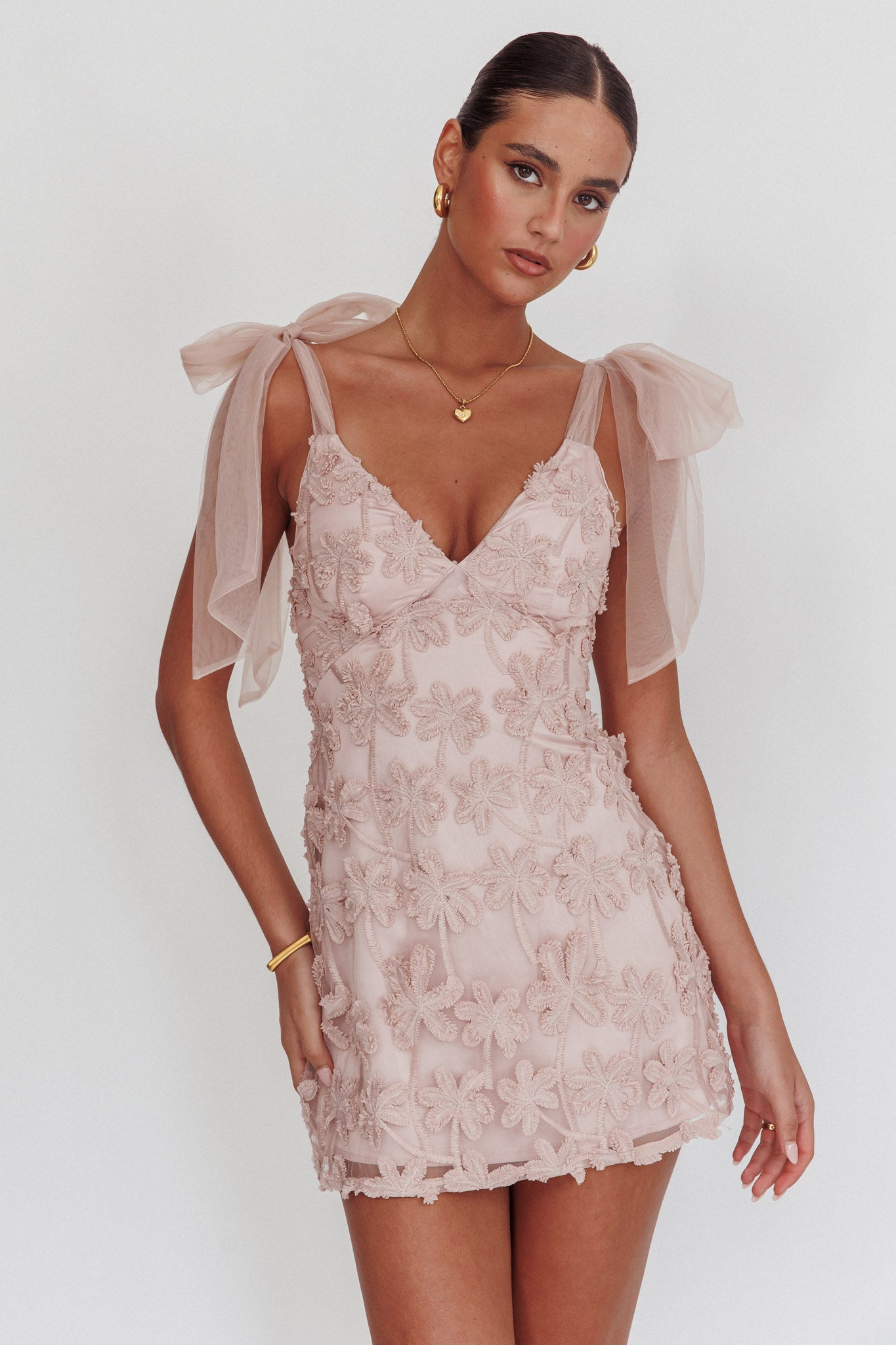Mykonos Morning Tied Shoulder Embellished Mini Dress Blush by Selfie Leslie Australia