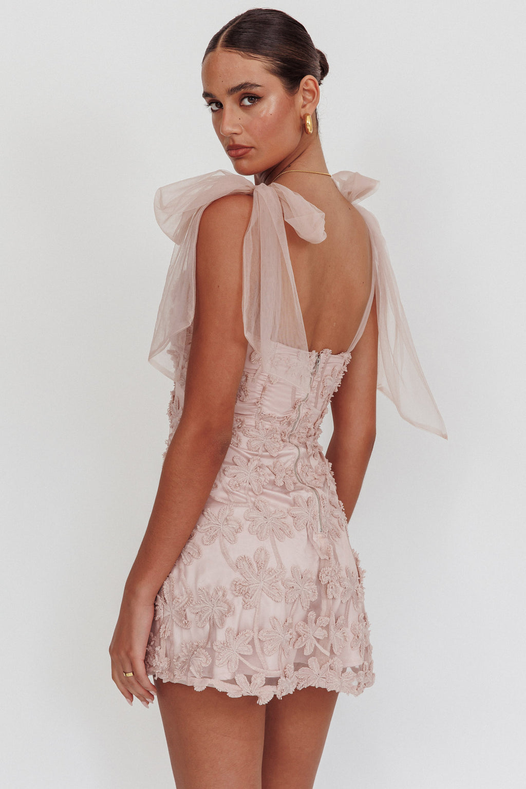 Mykonos Morning Tied Shoulder Embellished Mini Dress Blush by Selfie Leslie Australia