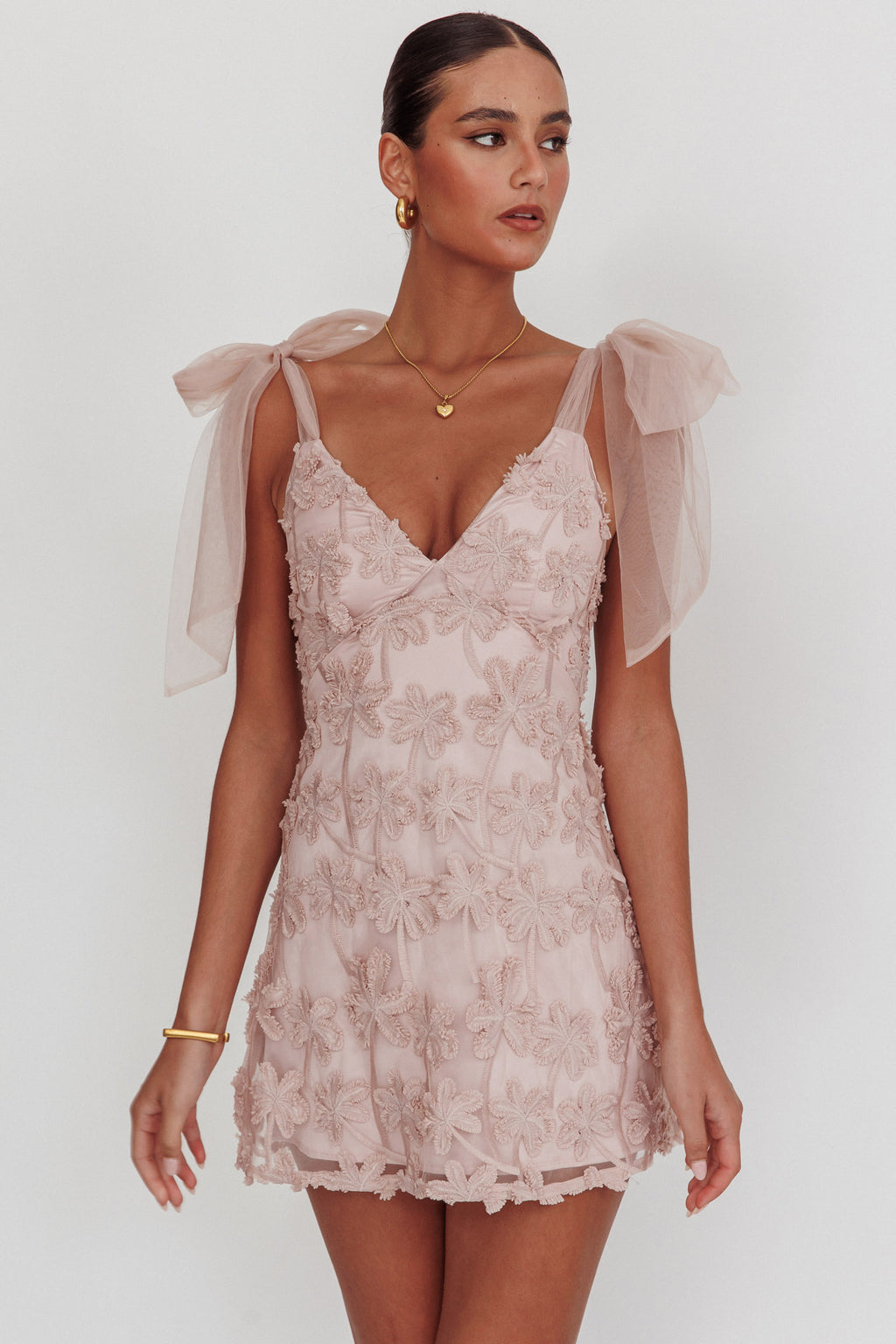 Mykonos Morning Tied Shoulder Embellished Mini Dress Blush by Selfie Leslie Australia