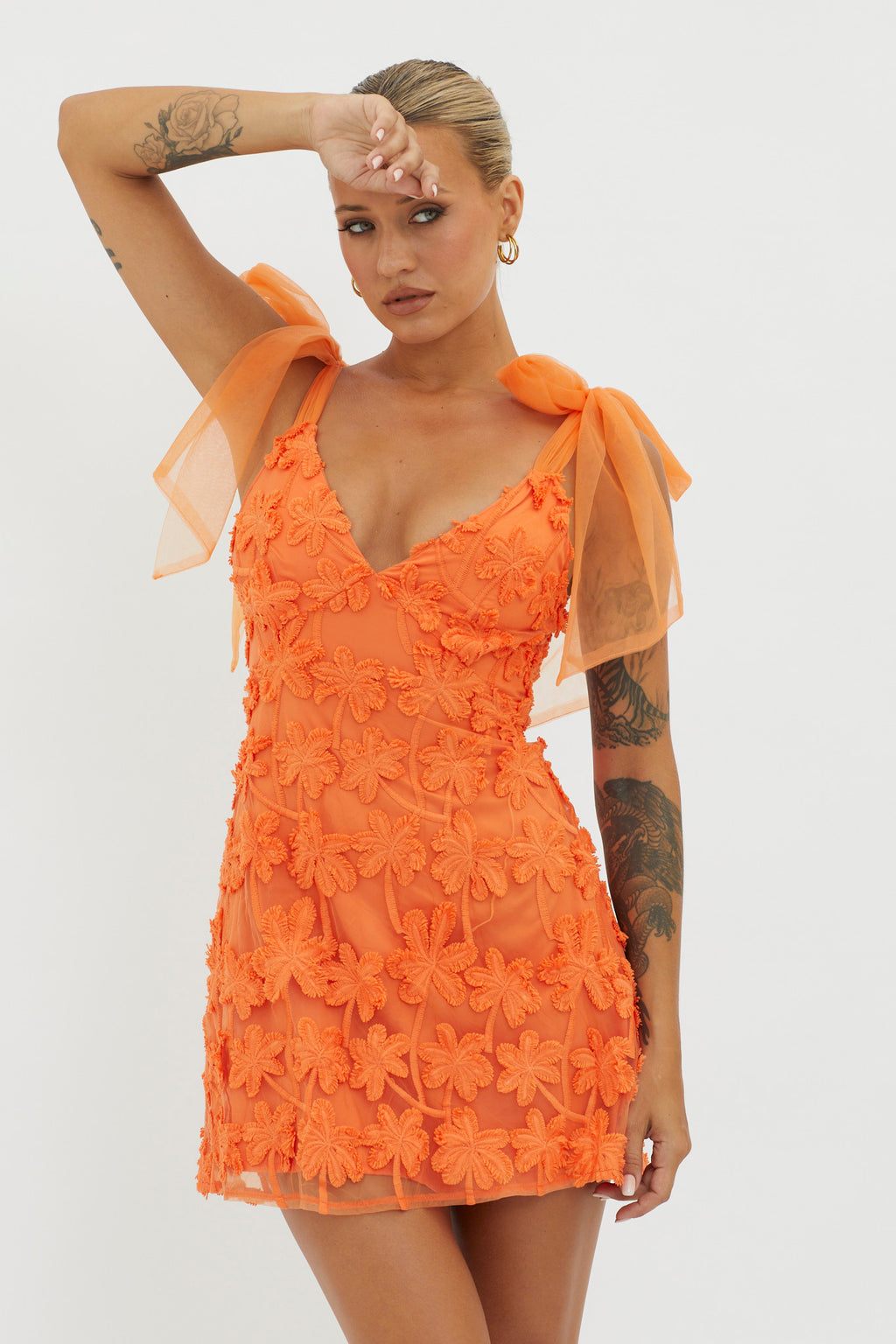 Mykonos Morning Tied Shoulder Embellished Mini Dress Orange by Selfie Leslie Australia