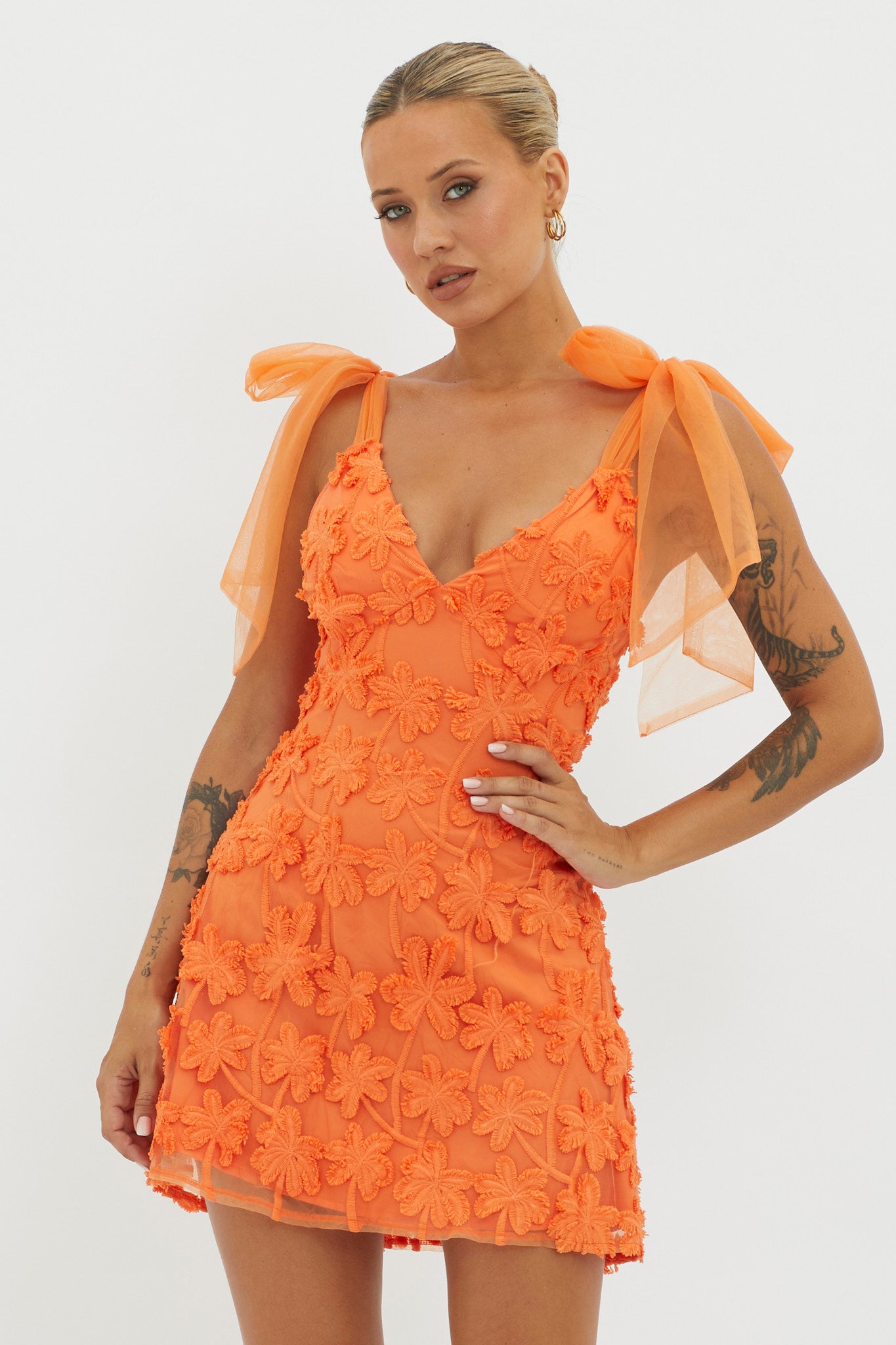 Mykonos Morning Tied Shoulder Embellished Mini Dress Orange by Selfie Leslie Australia