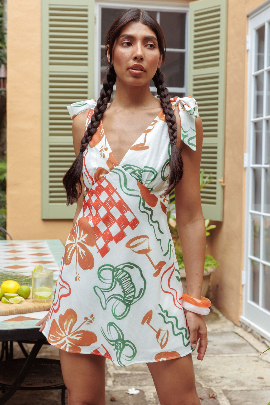 Mykonos Morning Tied Shoulder Mini Dress Print White by Selfie Leslie Australia