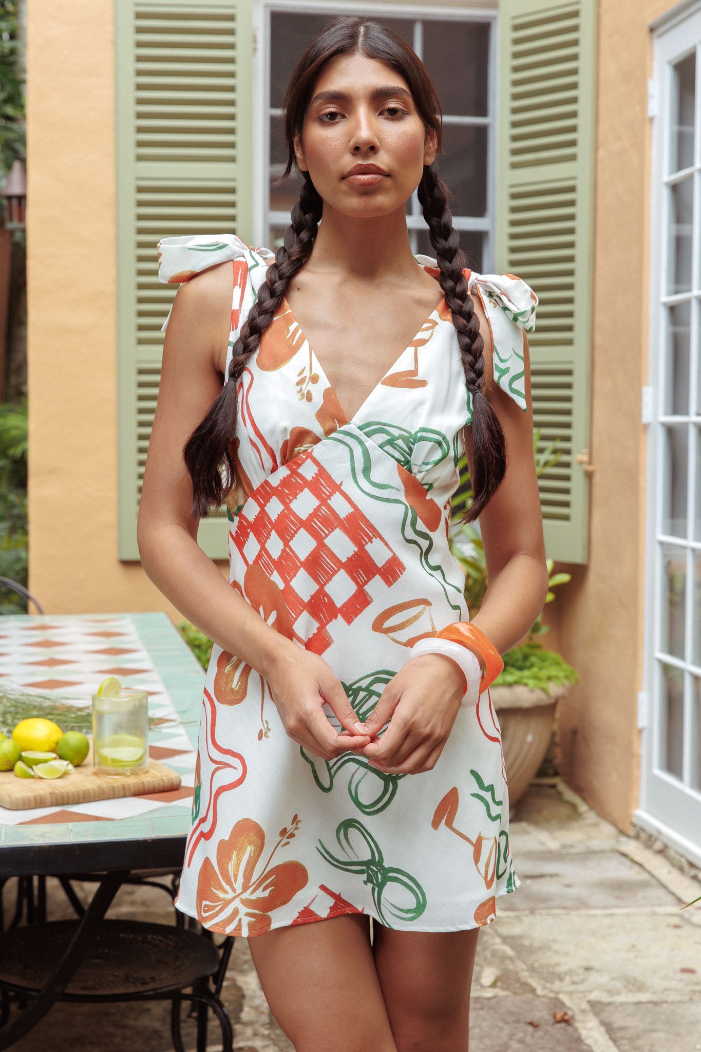 Mykonos Morning Tied Shoulder Mini Dress Print White by Selfie Leslie Australia