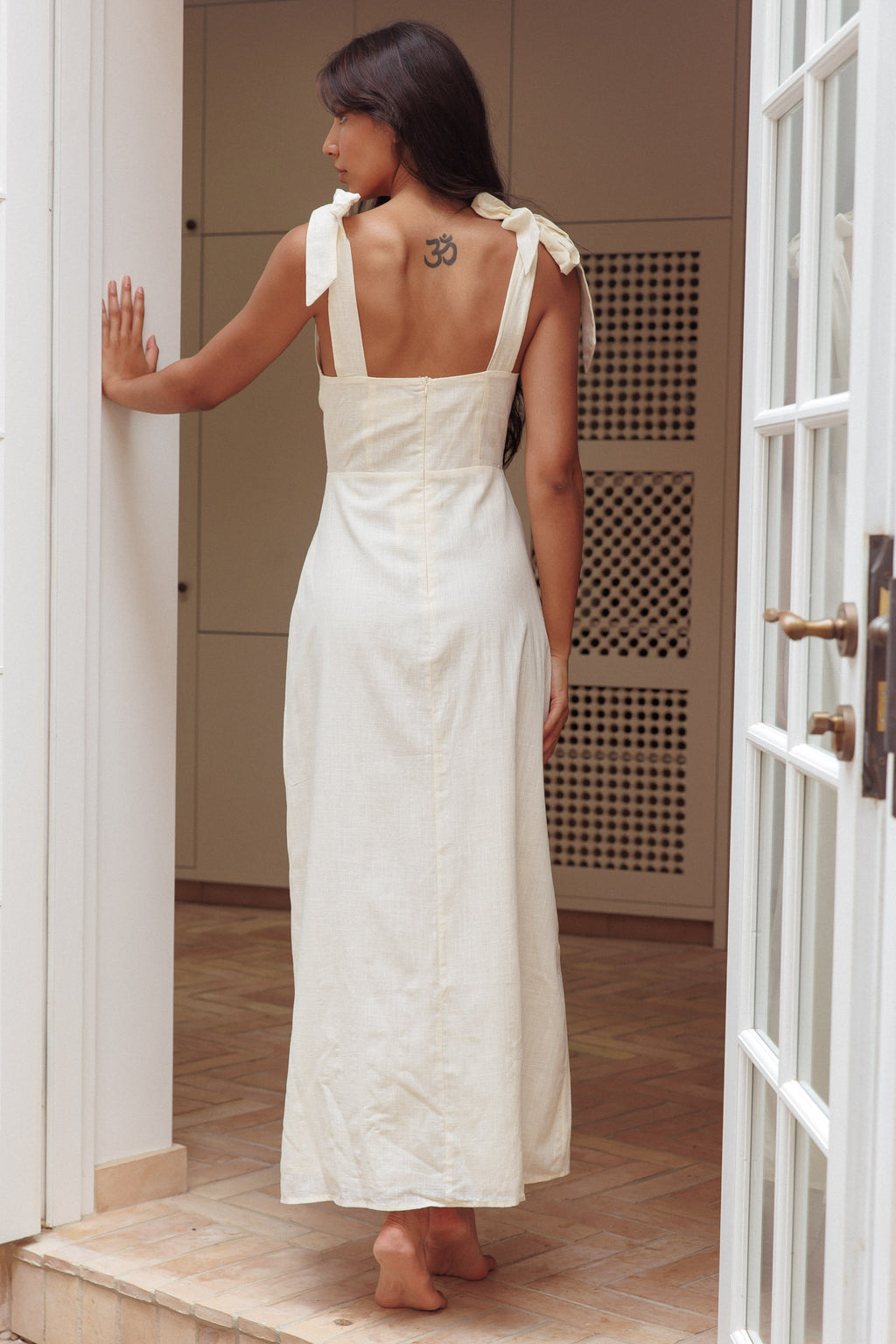 Mykonos Morning Tied Shoulder Maxi Dress Embroidered Beige by Selfie Leslie Australia
