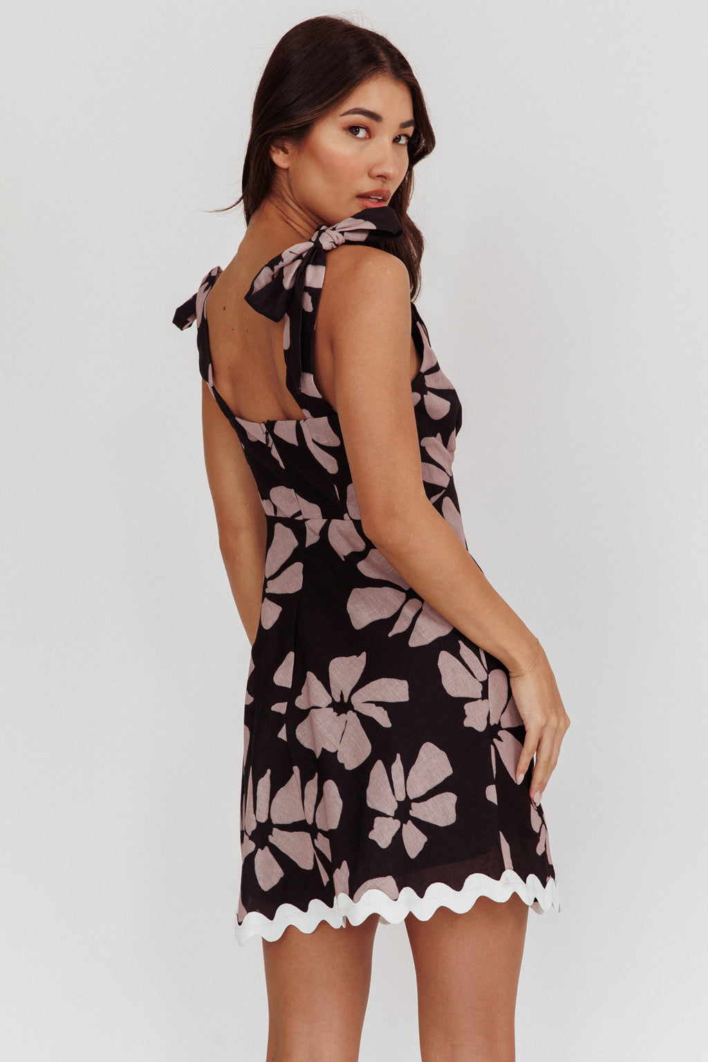 Mykonos Morning Tied Shoulder Mini Dress Floral Black by Selfie Leslie Australia