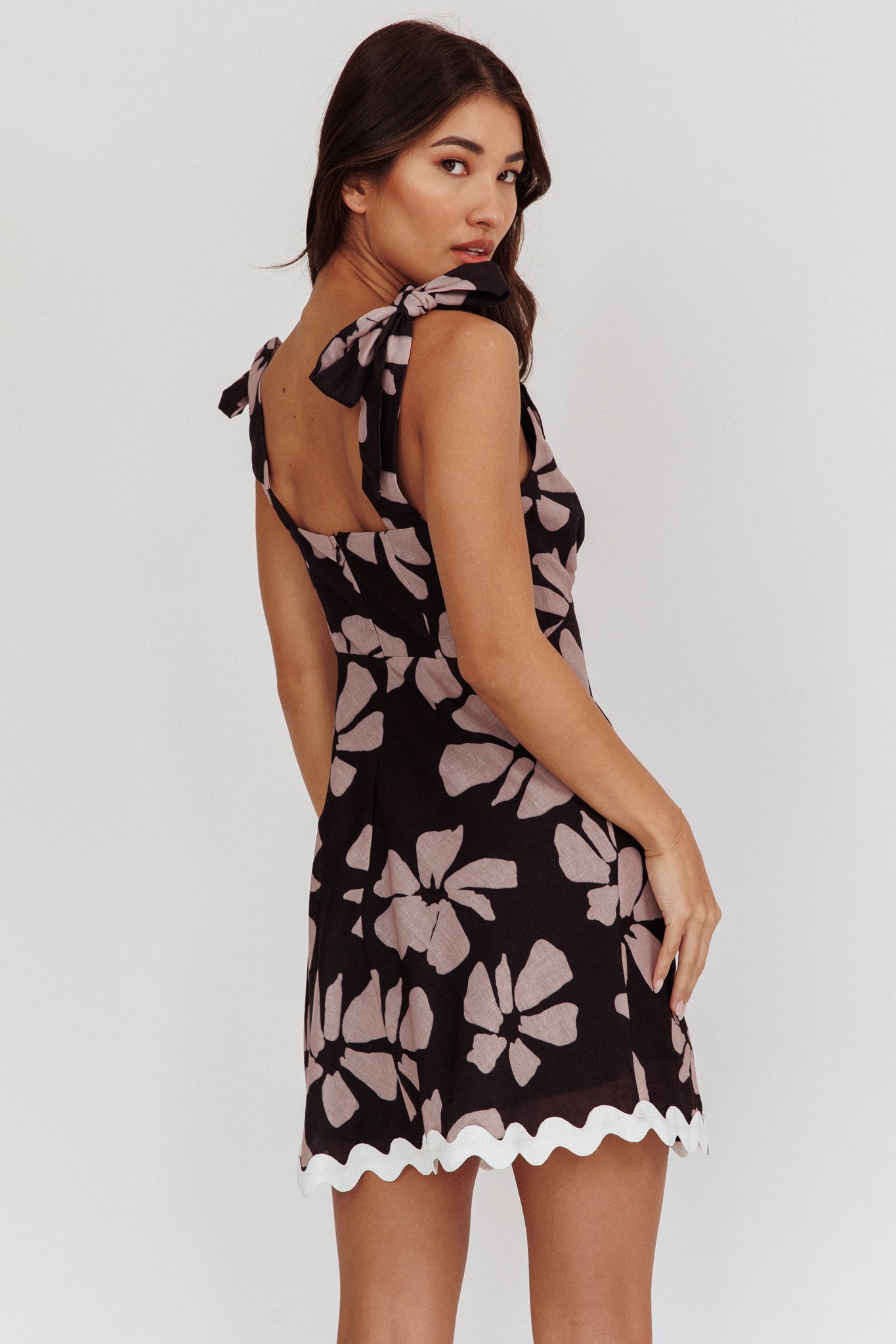 Mykonos Morning Tied Shoulder Mini Dress Floral Black by Selfie Leslie Australia