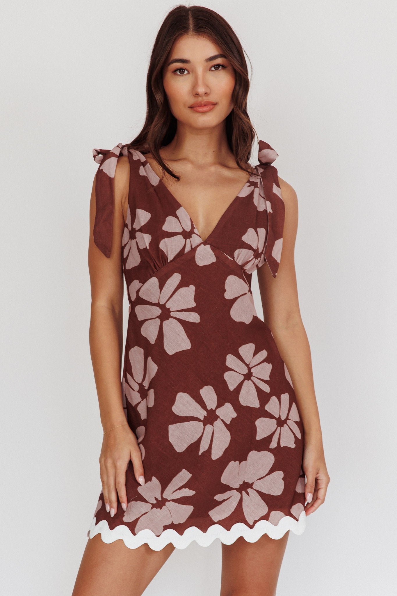 Mykonos Morning Tied Shoulder Mini Dress Floral Brown by Selfie Leslie Australia