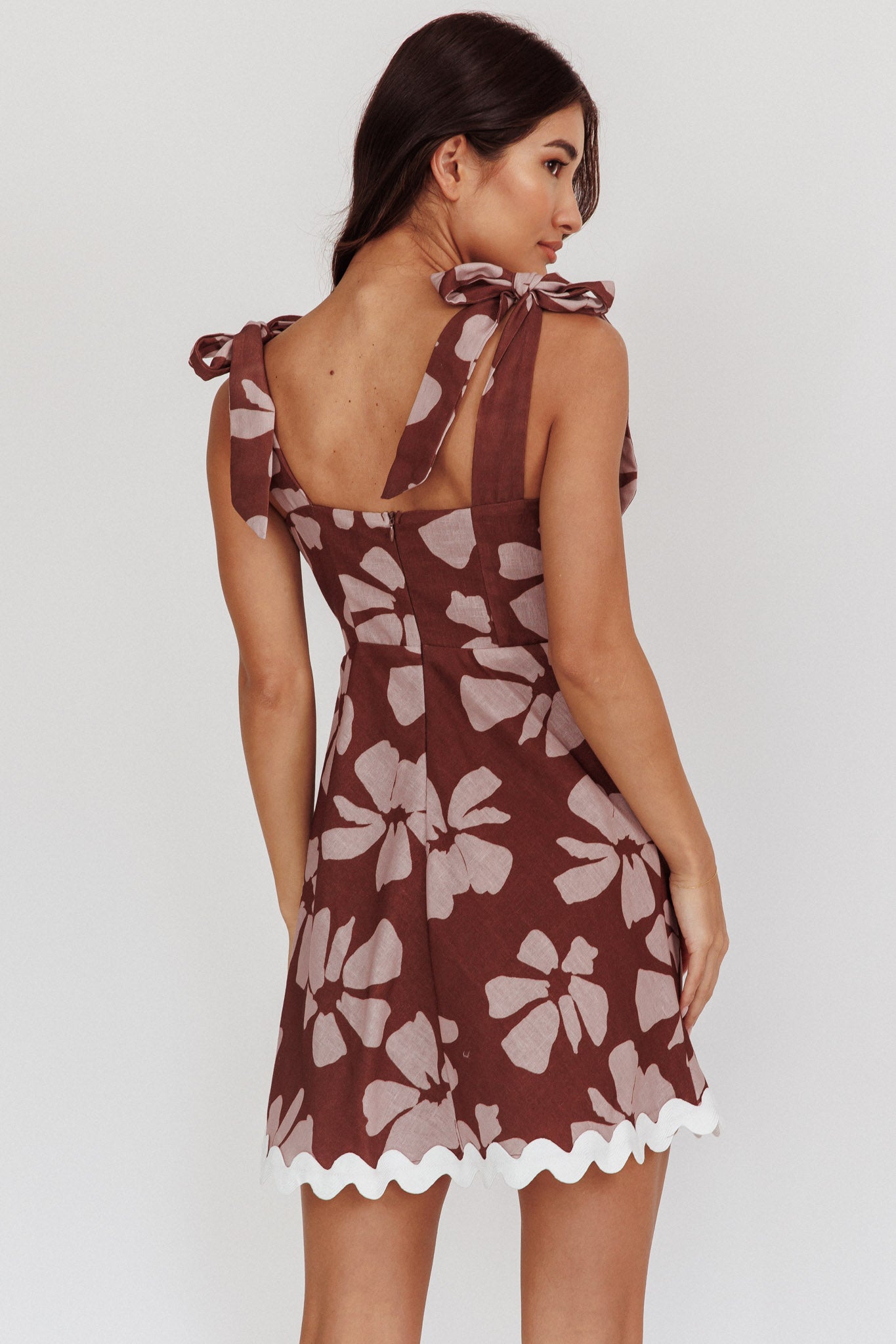 Mykonos Morning Tied Shoulder Mini Dress Floral Brown by Selfie Leslie Australia