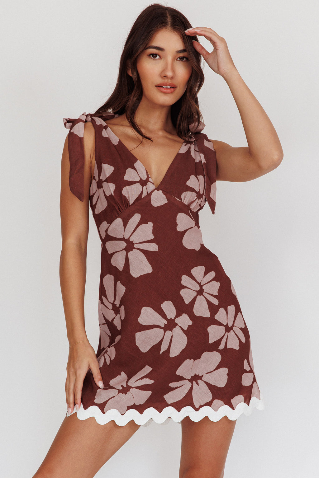 Mykonos Morning Tied Shoulder Mini Dress Floral Brown by Selfie Leslie Australia