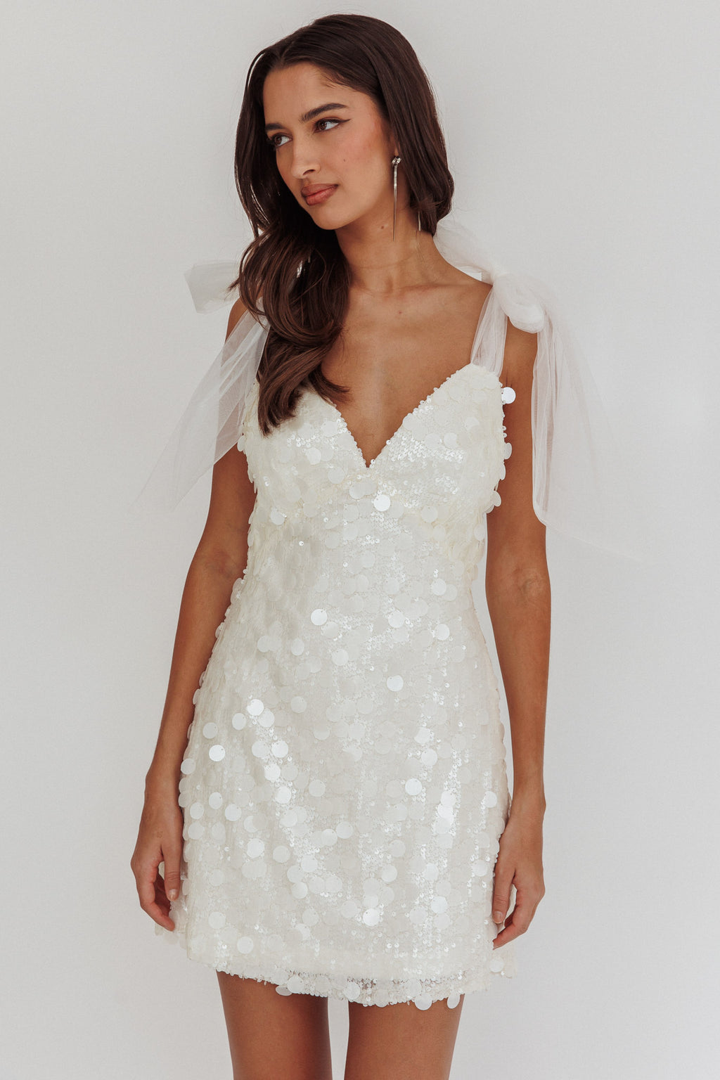 Mykonos Morning Tied Shoulder Sequin Mini Dress White by Selfie Leslie Australia