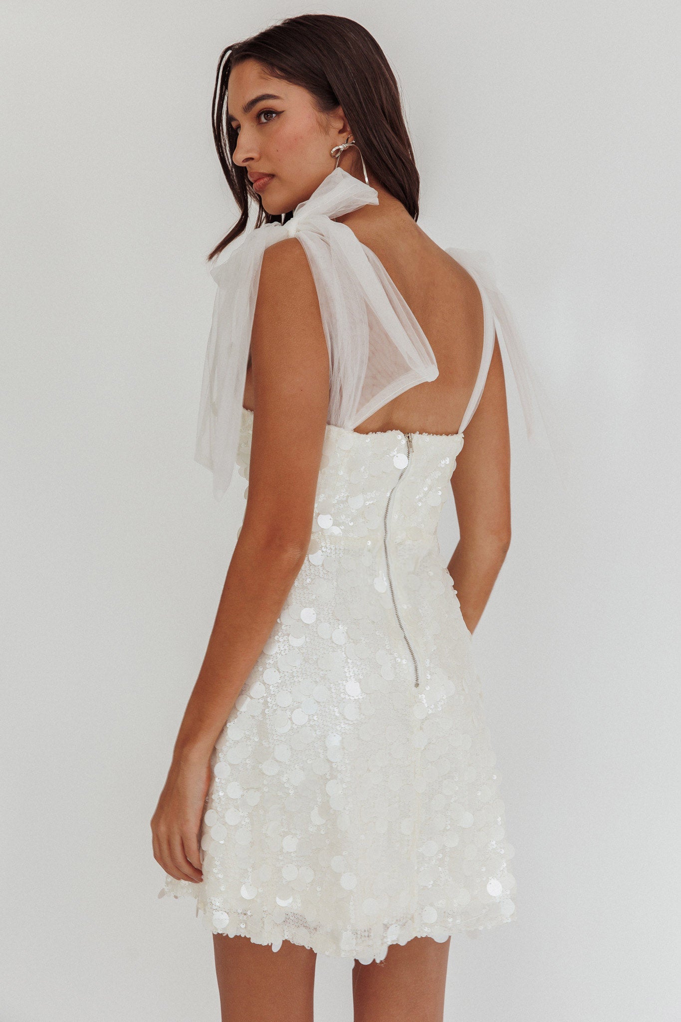 Mykonos Morning Tied Shoulder Sequin Mini Dress White by Selfie Leslie Australia