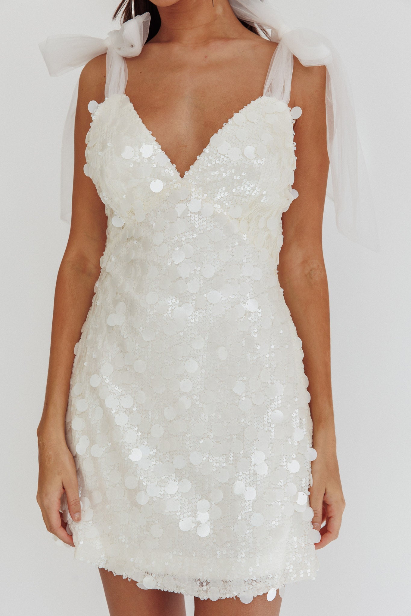 Mykonos Morning Tied Shoulder Sequin Mini Dress White by Selfie Leslie Australia