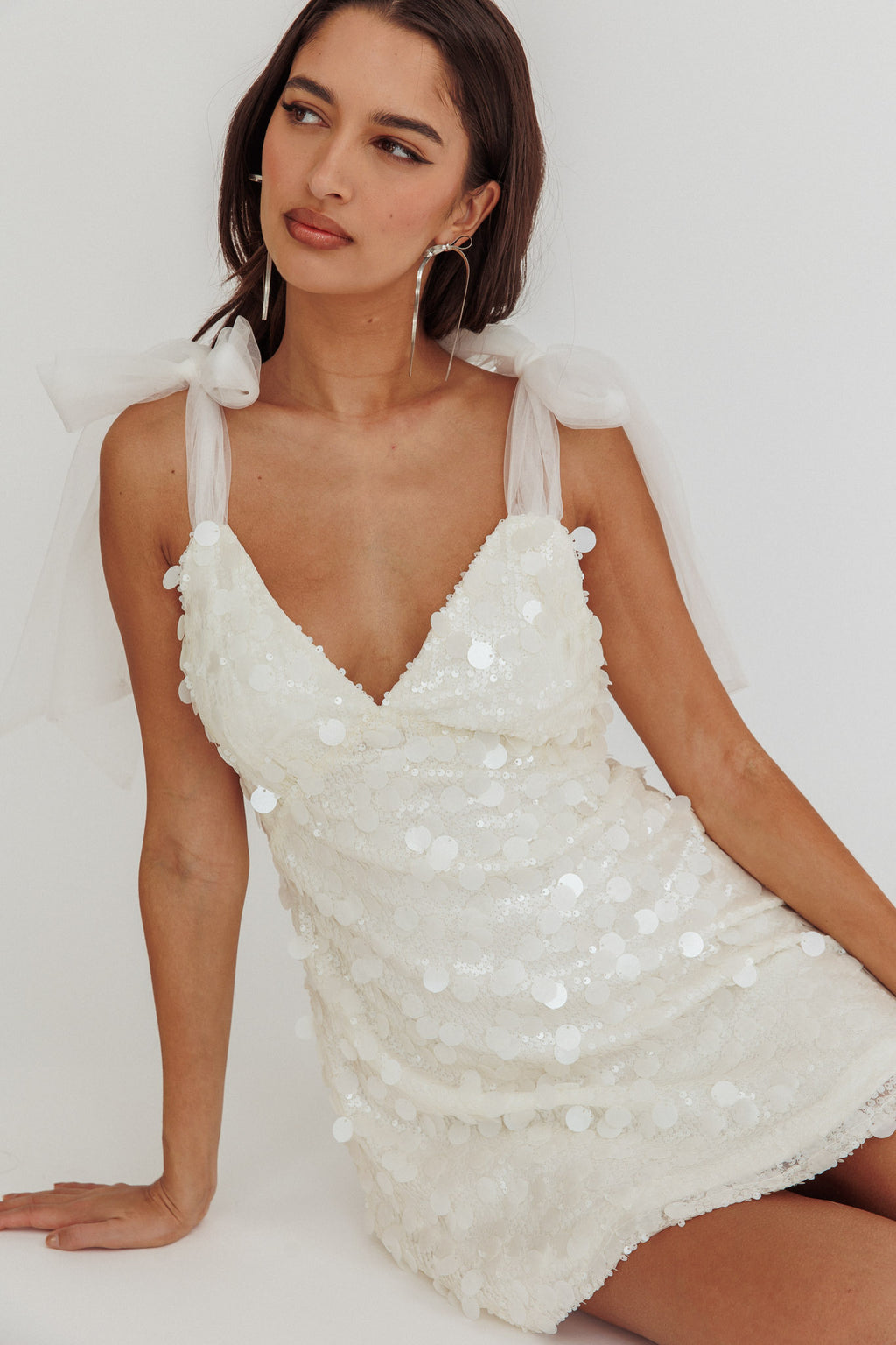 Mykonos Morning Tied Shoulder Sequin Mini Dress White by Selfie Leslie Australia