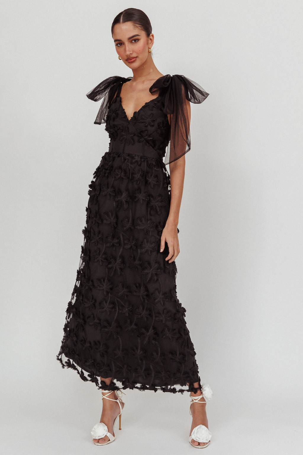 Mykonos Morning Tied Shoulder Tree Maxi Dress Black by Selfie Leslie Australia