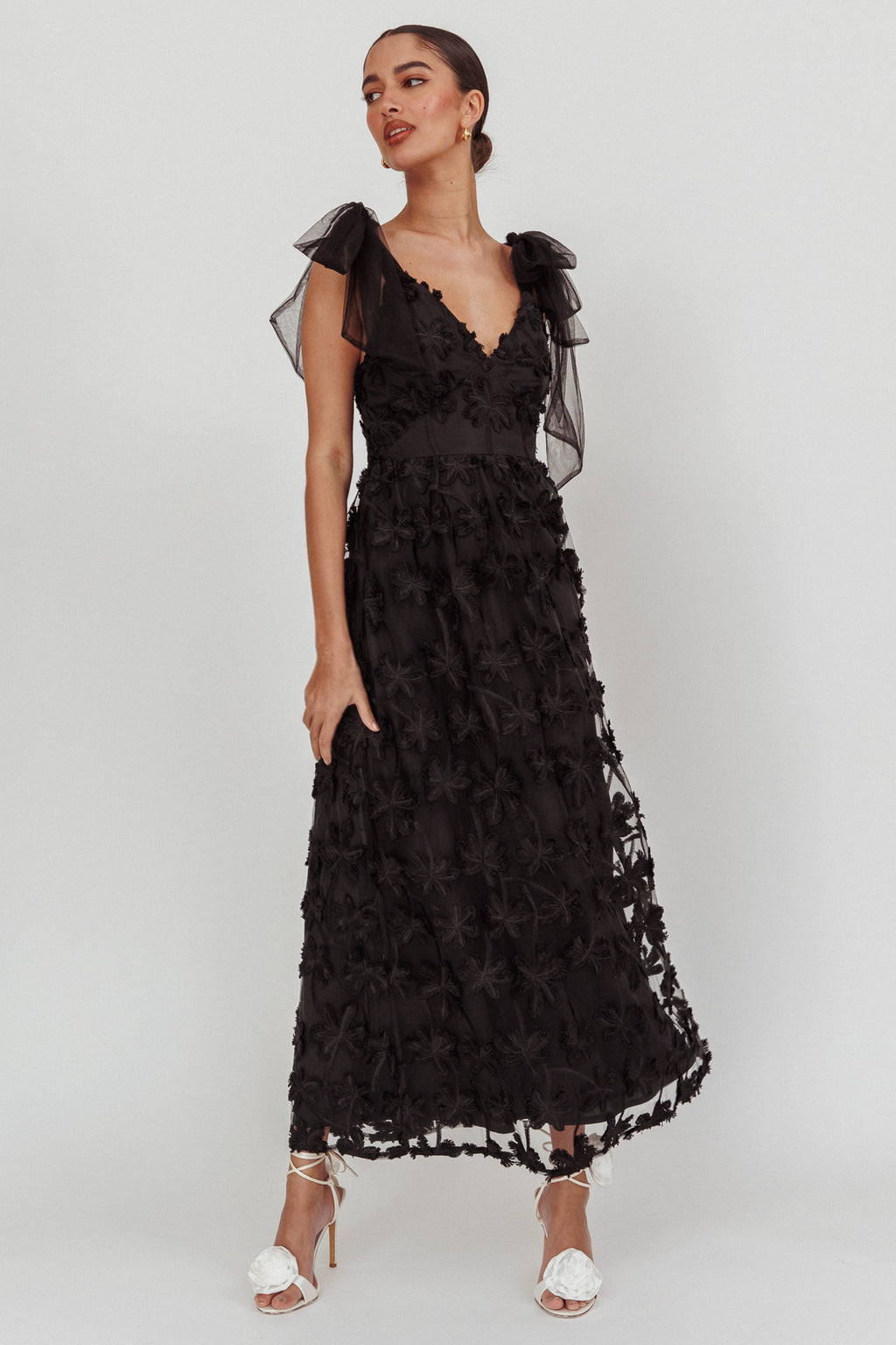 Mykonos Morning Tied Shoulder Tree Maxi Dress Black by Selfie Leslie Australia