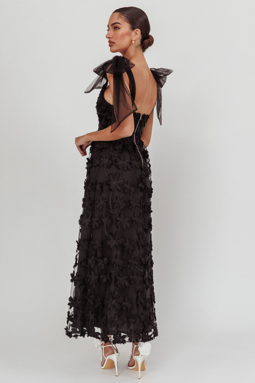 Mykonos Morning Tied Shoulder Tree Maxi Dress Black by Selfie Leslie Australia