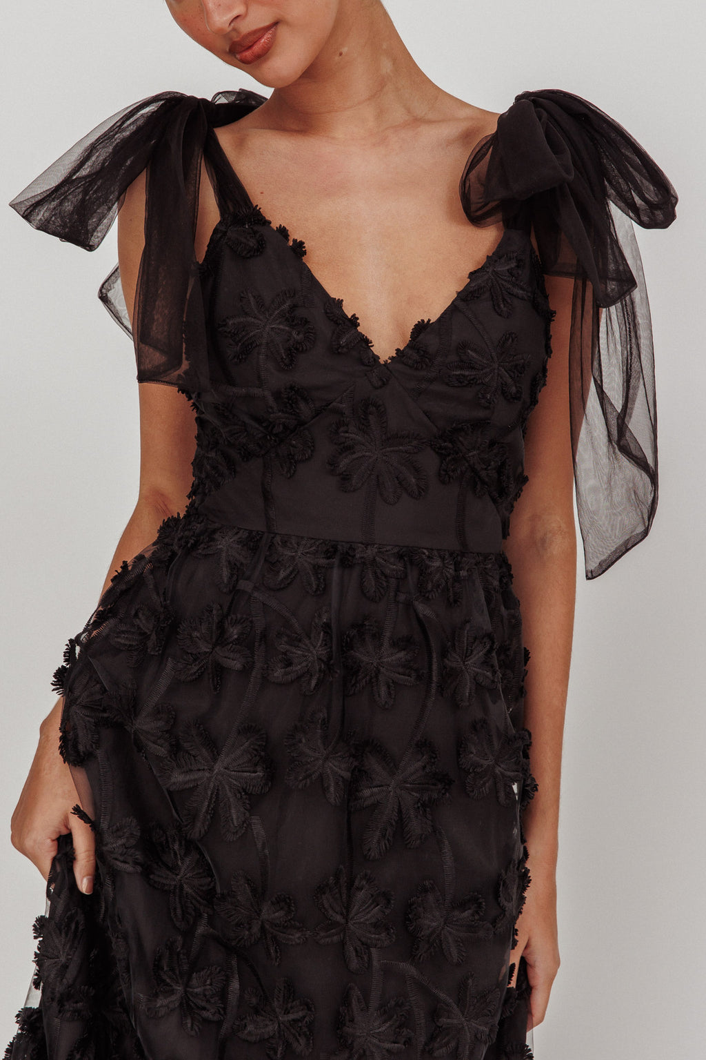 Mykonos Morning Tied Shoulder Tree Maxi Dress Black by Selfie Leslie Australia