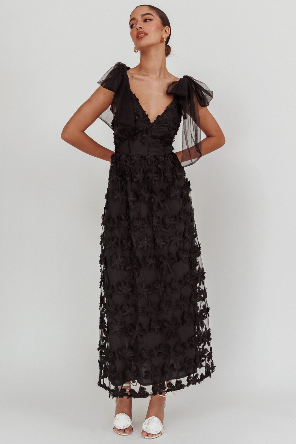 Mykonos Morning Tied Shoulder Tree Maxi Dress Black by Selfie Leslie Australia