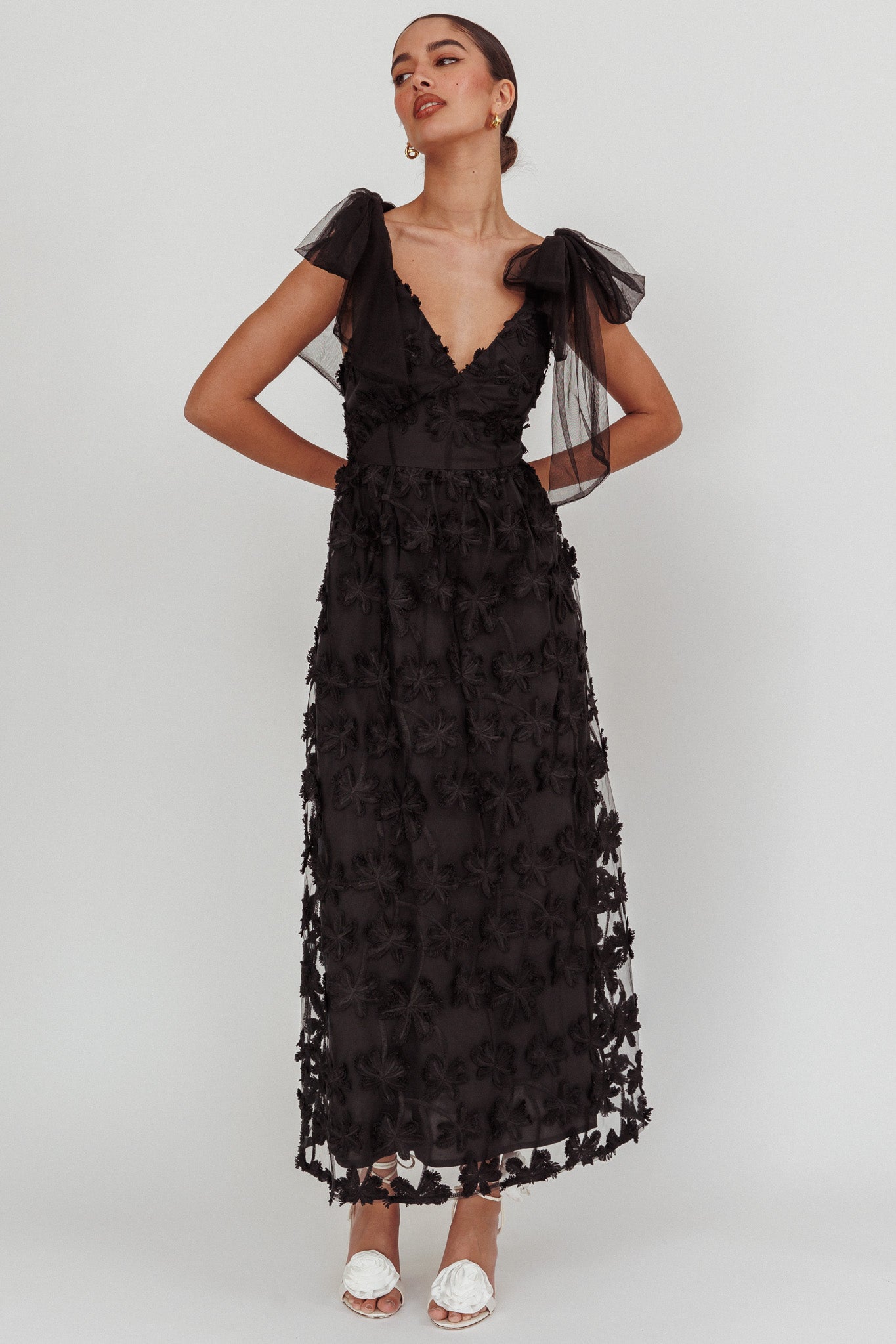 Mykonos Morning Tied Shoulder Tree Maxi Dress Black by Selfie Leslie Australia