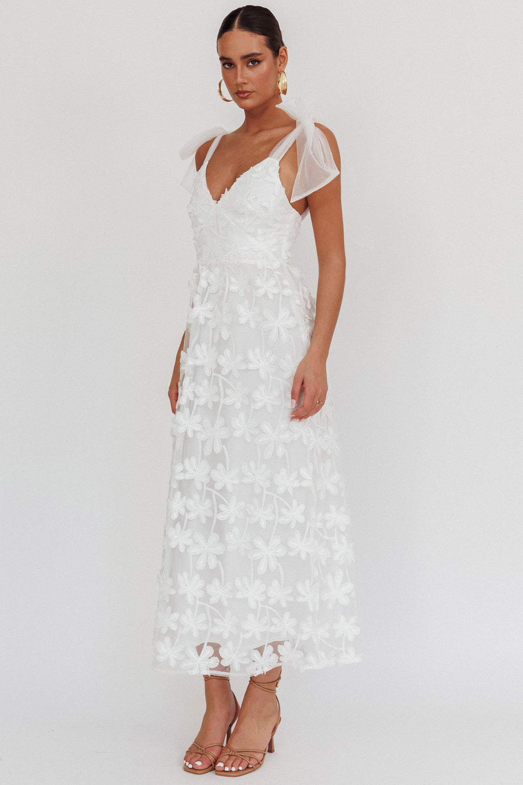 Mykonos Morning Tied Shoulder Tree Maxi Dress White by Selfie Leslie Australia
