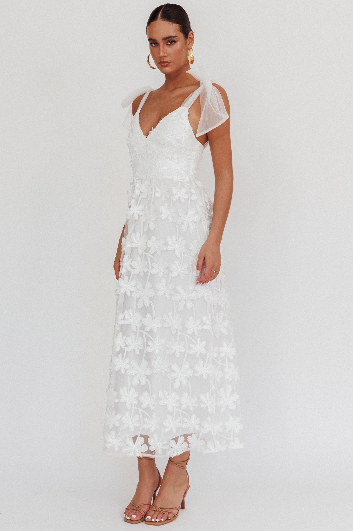 Mykonos Morning Tied Shoulder Tree Maxi Dress White by Selfie Leslie Australia