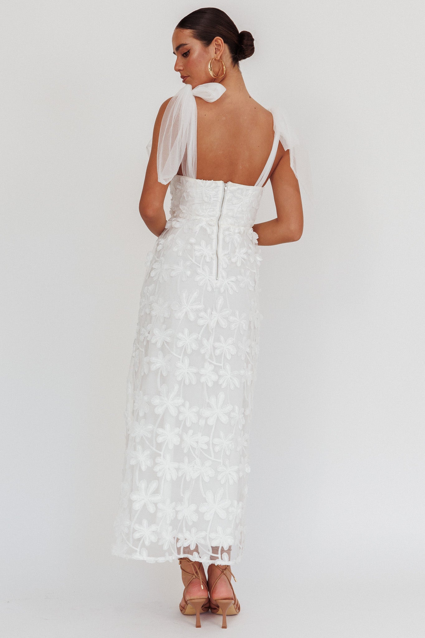 Mykonos Morning Tied Shoulder Tree Maxi Dress White by Selfie Leslie Australia