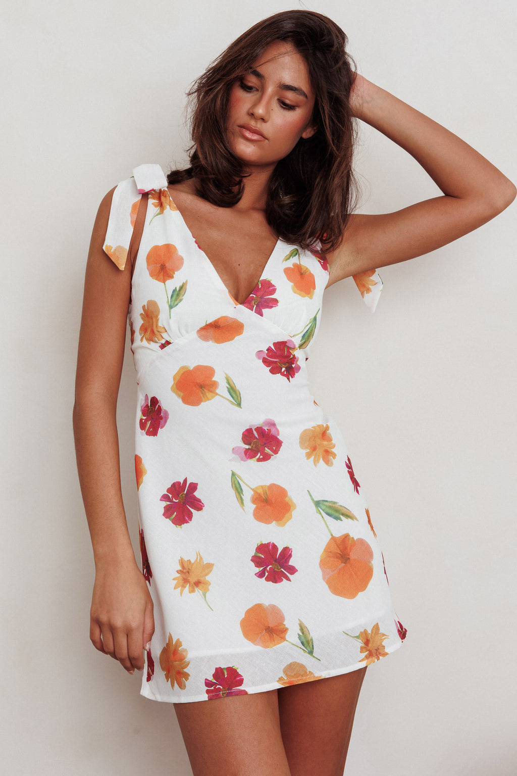 Mykonos Morning Tied Shoulder Mini Dress Flower Orange by Selfie Leslie Australia