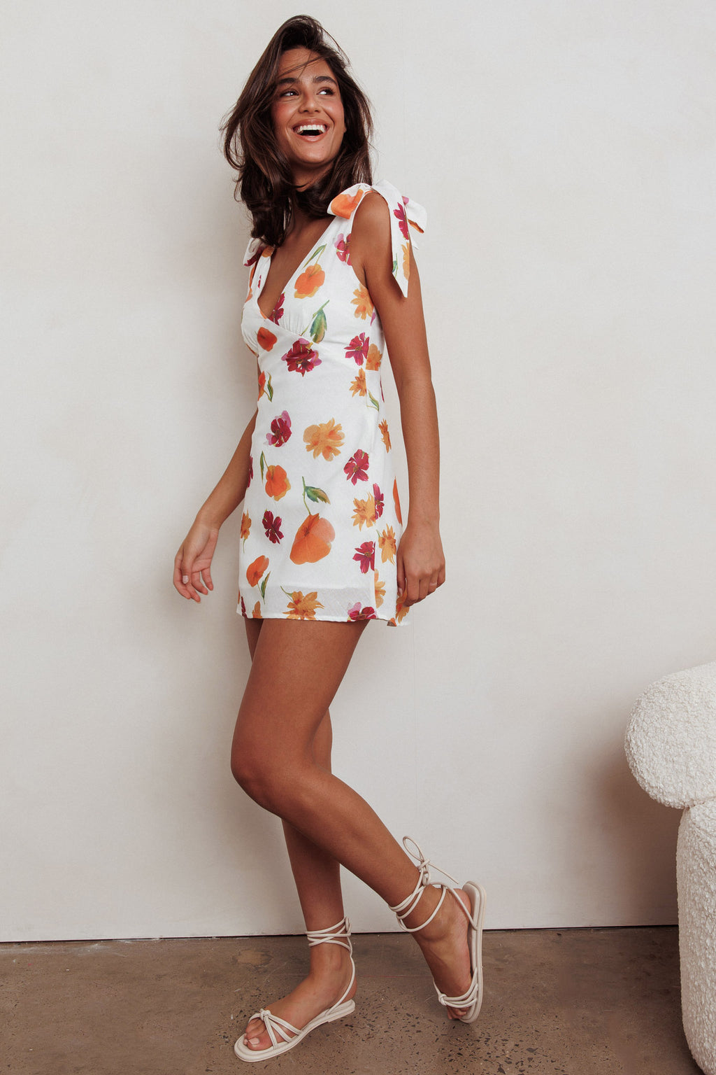 Mykonos Morning Tied Shoulder Mini Dress Flower Orange by Selfie Leslie Australia