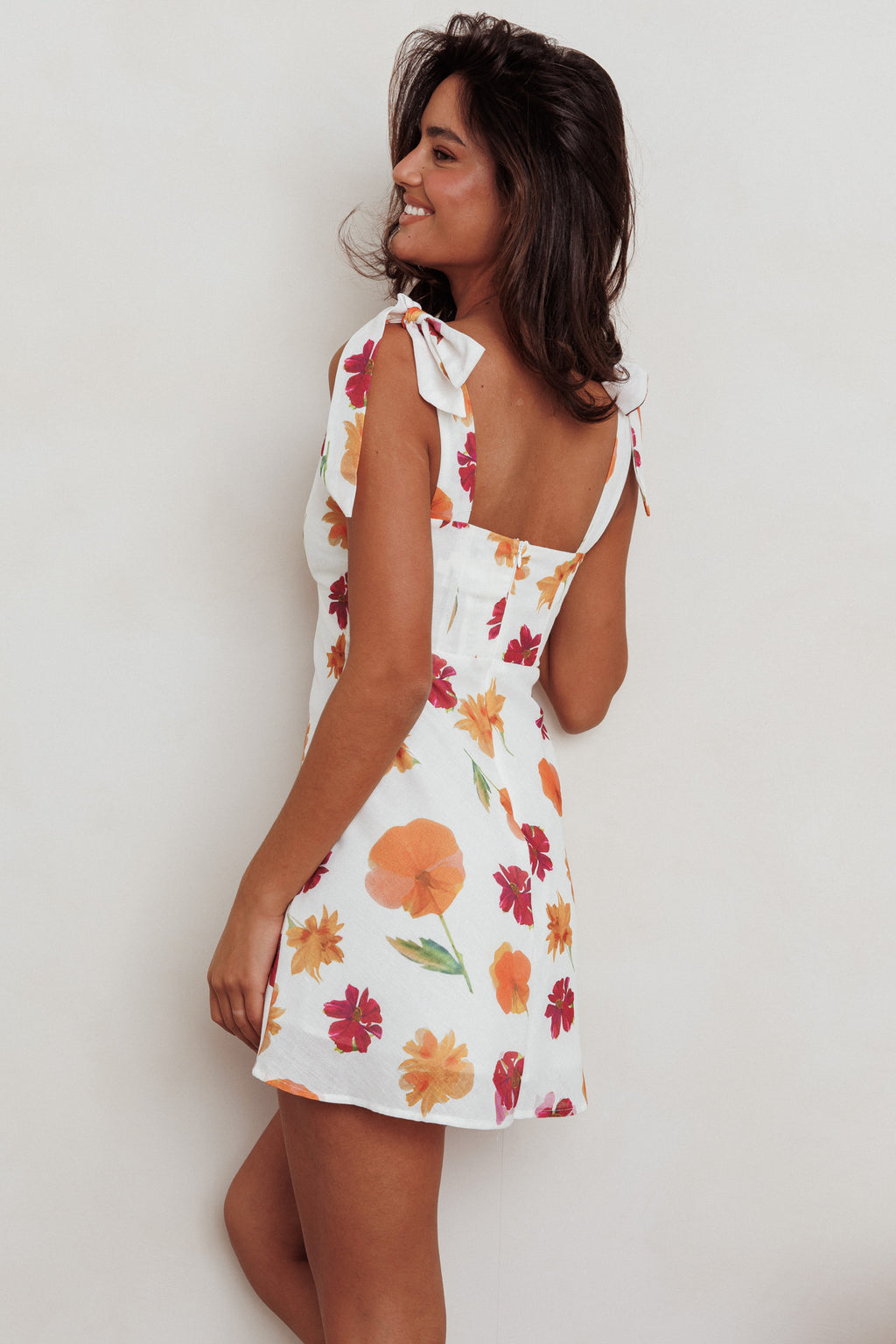 Mykonos Morning Tied Shoulder Mini Dress Flower Orange by Selfie Leslie Australia