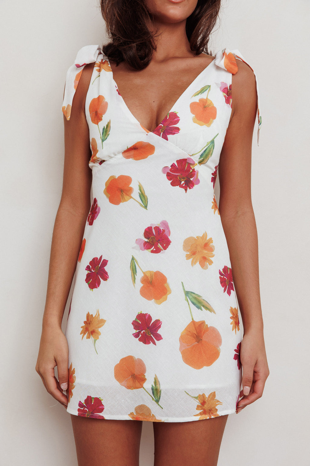 Mykonos Morning Tied Shoulder Mini Dress Flower Orange by Selfie Leslie Australia