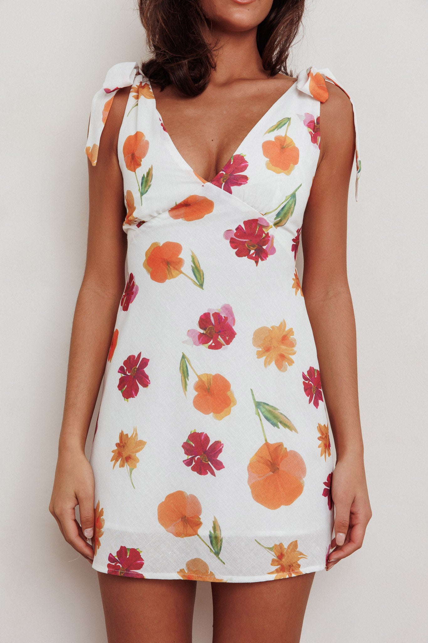 Mykonos Morning Tied Shoulder Mini Dress Flower Orange by Selfie Leslie Australia