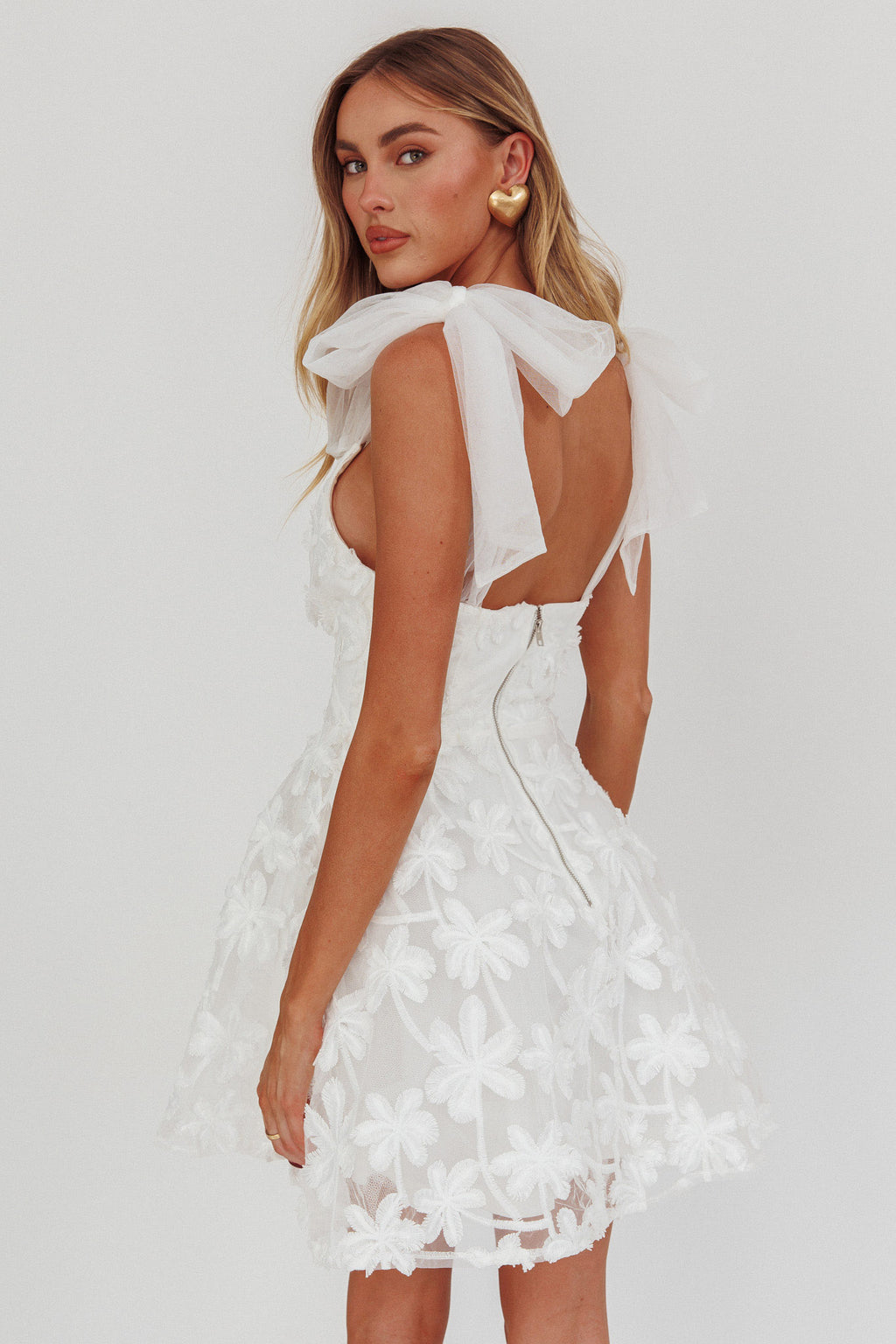 Mykonos Morning Tied Shoulder Mini Dress Embroidered Palm White by Selfie Leslie Australia