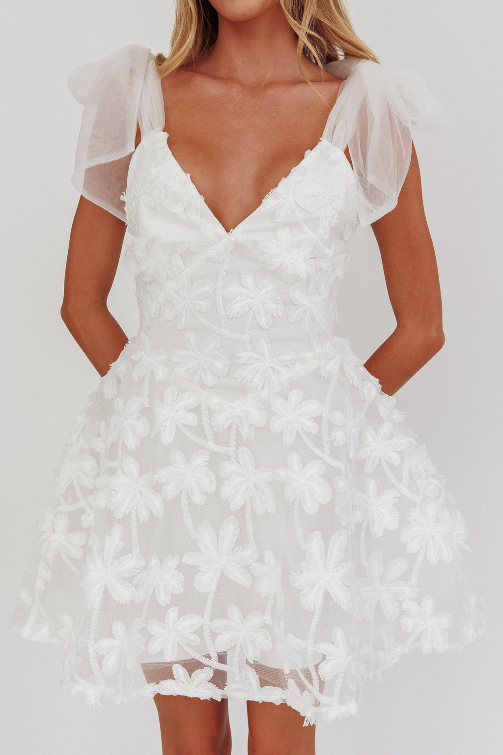 Mykonos Morning Tied Shoulder Mini Dress Embroidered Palm White by Selfie Leslie Australia
