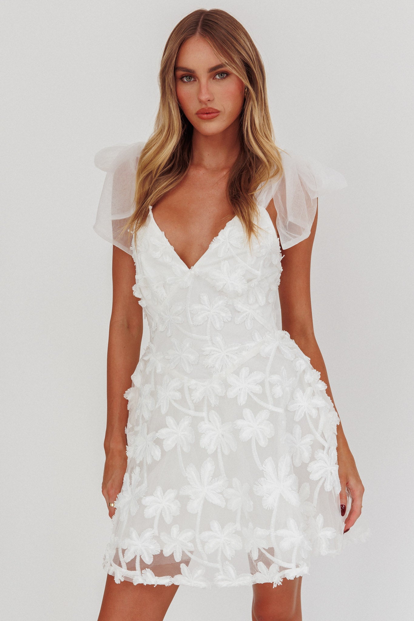 Mykonos Morning Tied Shoulder Mini Dress Embroidered Palm White by Selfie Leslie Australia
