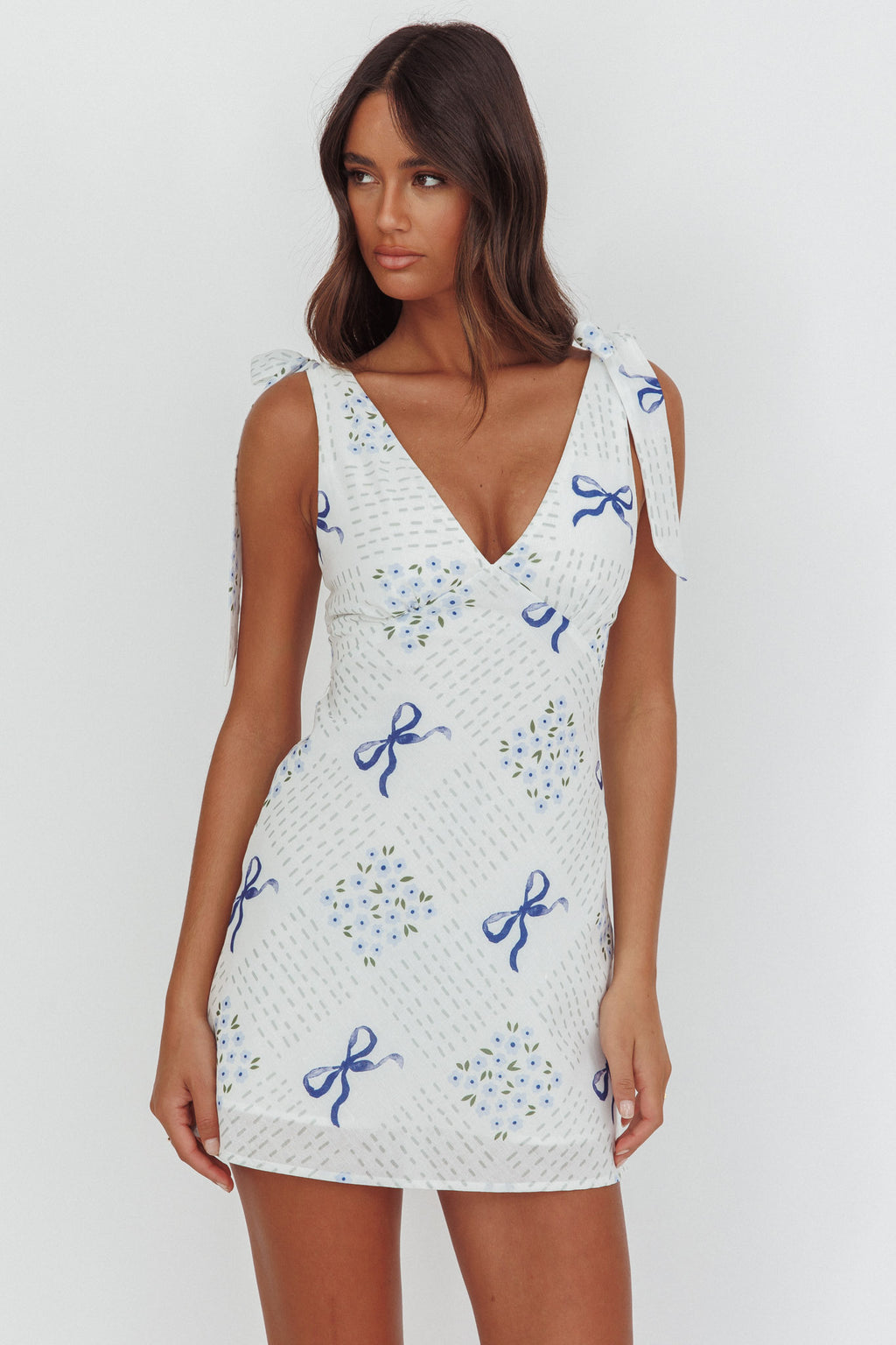 Mykonos Morning Tied Shoulder Mini Dress Bows Blue by Selfie Leslie Australia