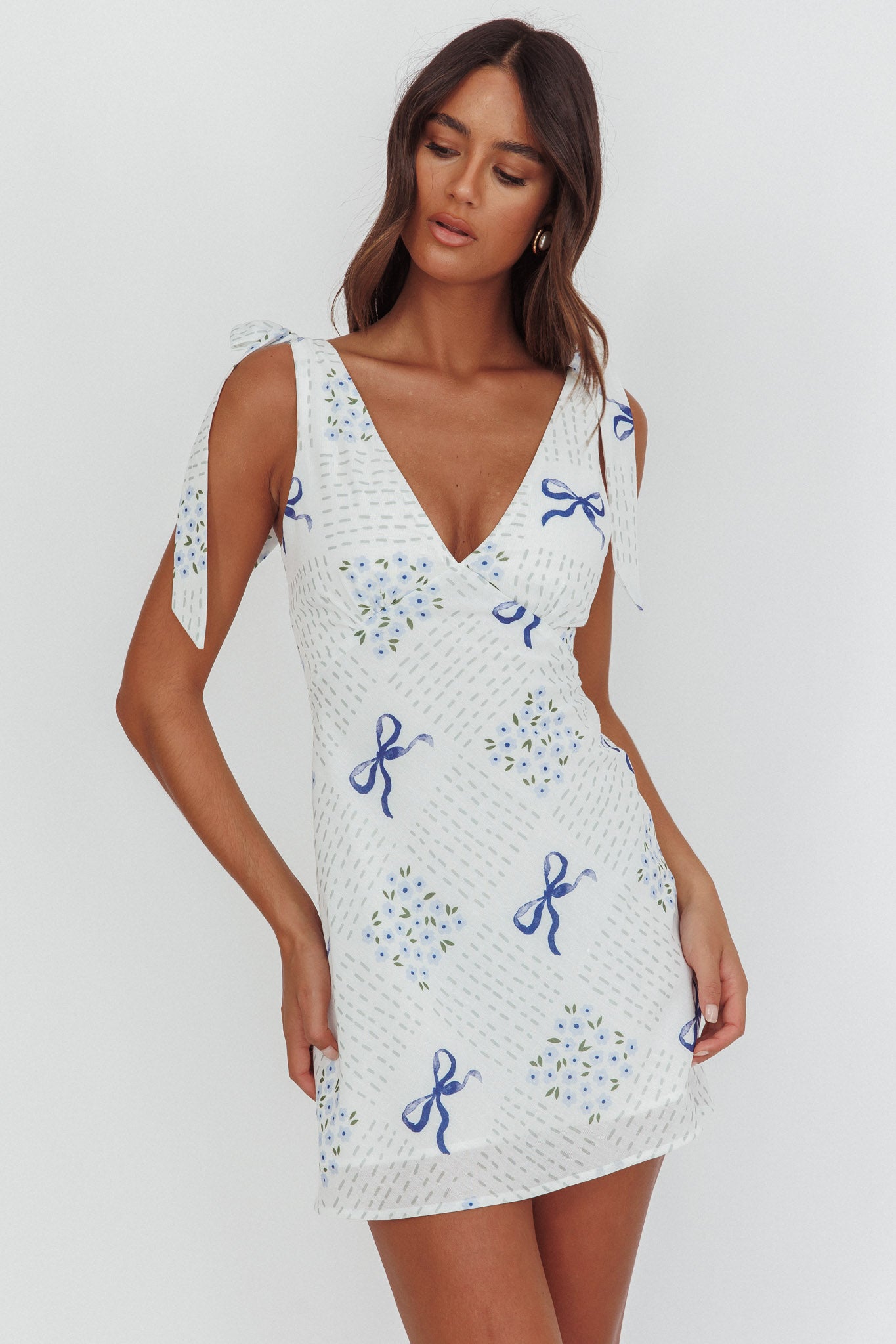 Mykonos Morning Tied Shoulder Mini Dress Bows Blue by Selfie Leslie Australia