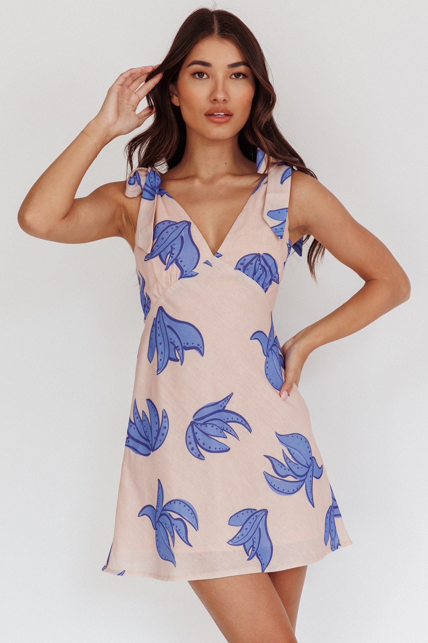 Mykonos Morning Tied Shoulder Mini Dress Plant Print Beige by Selfie Leslie Australia
