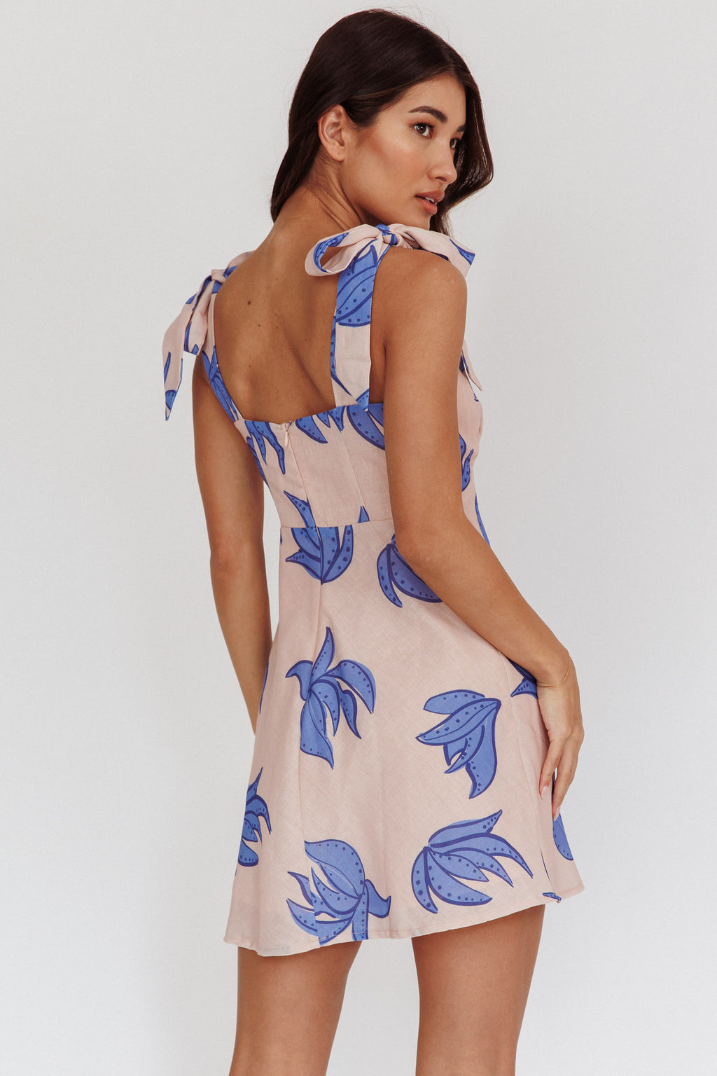 Mykonos Morning Tied Shoulder Mini Dress Plant Print Beige by Selfie Leslie Australia