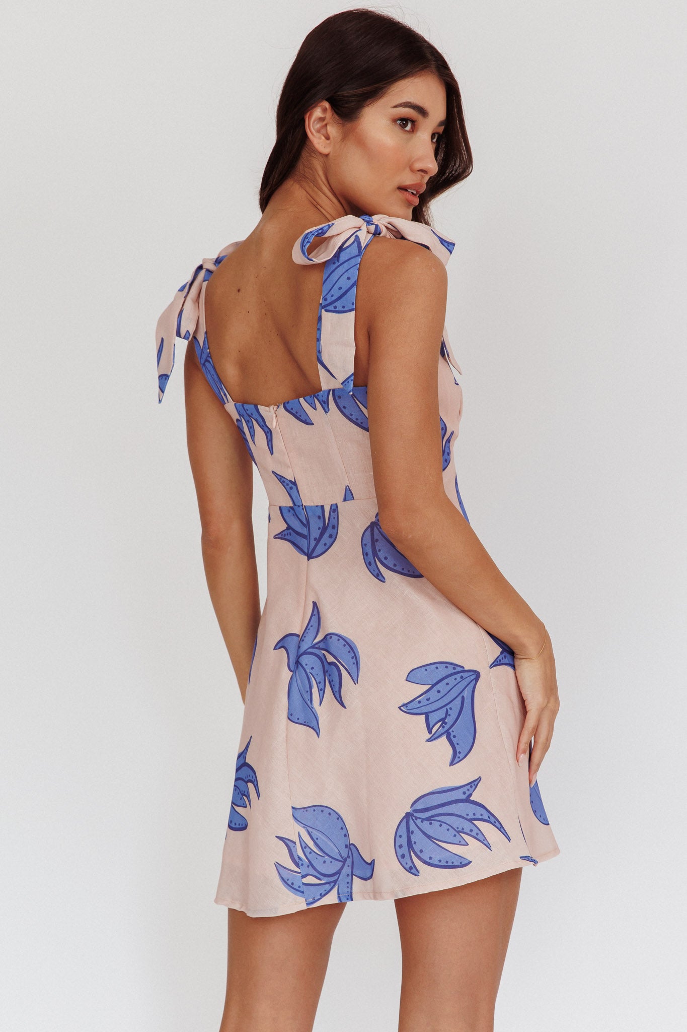 Mykonos Morning Tied Shoulder Mini Dress Plant Print Beige by Selfie Leslie Australia